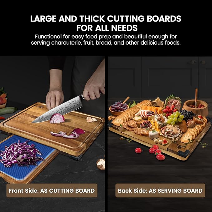 Cutting Boards Large Set of 7, Acacia Wood Charcuterie Chopping Board for Kitchen with Holder Non Slip Feet, Plastic Serving Board Mats, Juice Groove, Reversible Butcher Block for Meat Cheese Bread
