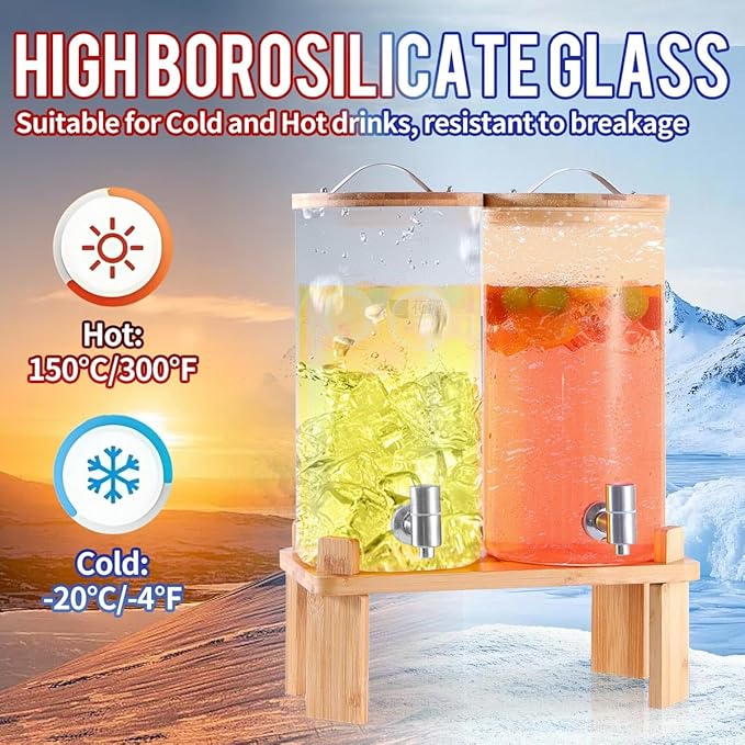 2 PCS Glass Drink Dispenser Set 1.5 Gallon With Stand, Spigot, Large Water Drink Dispensers for Parties for Lemonade, Juice, and Wedding, Bars