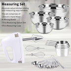 Hand Mixer Electric Mixing Bowls Set, 5 Speeds Handheld Mixer with 4 Nesting Stainless Steel Mixing Bowl, Measuring Cups Spoons 200W Kitchen Blender Whisk Beater Baking Supplies For Beginner