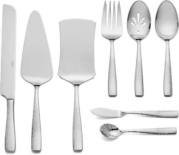 Hudson Essentials 68-Piece Hammered 18/10 Stainless Steel Silverware Cutlery Set with Serving Set, Flatware Service for 12 (68-Piece Set)
