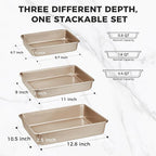 HONGBAKE Deep Baking Pans Set of 3, Nonstick Rectangle Sheet Cake Pans, 13/11/9 Inch Metal Oven Tray for Cooking Lasagna Brownie, Stackable Multi-Depth Bakeware, Golden