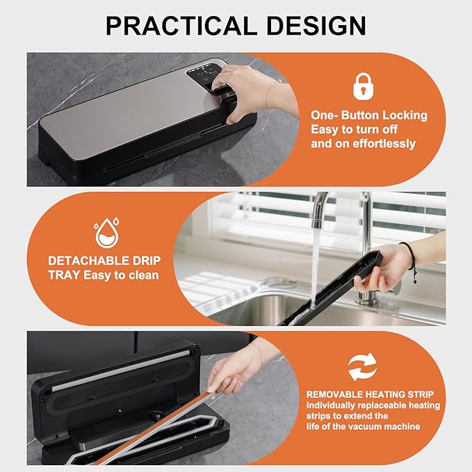 Vacuum Sealer Machine, 75kpa Rechargeable Automatic Food Sealer for Freshness Storage, Portable Touch Screen Food Vacuum Sealers Machine with Pre-cut Cutter & Bags, Air Hose for outdoor Indoor