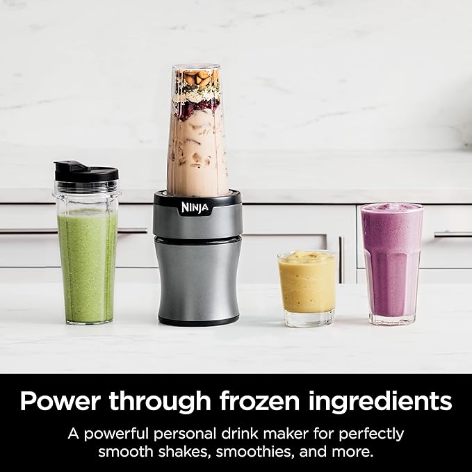 Ninja BN301 Nutri-Blender Plus Compact Personal Blender, 900-Peak-Watt Motor, Frozen Drinks, Smoothies, Sauces & More, (3) 20 oz. To-Go Cups, (2) Spout-Lids (1) Storage-Lid, Dishwasher Safe, Silver