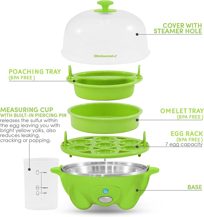 Elite Gourmet Easy Electric 7 Egg Capacity Soft, Medium, Hard-Boiled Cooker Poacher, Scrambled, Omelet Maker with Auto Shut-Off and Buzzer, BPA Free