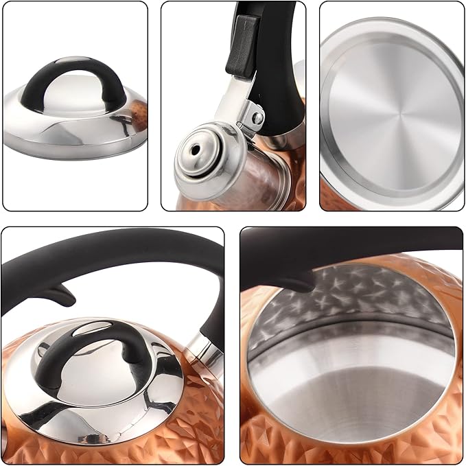 Copper Tea Kettle Stainless Steel Teapot Whistling Kettle Unique Button Control Kettle Outlet Loud Whistle Food Grade Teapot 3.2 Quart / 3 Liter Bronze
