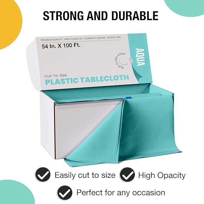 Exquisite Party Solids 54 Inch X 100 Feet Aqua Plastic Table Cover Roll in A Cut - to - Size Box with Convenient Slide Cutter. Cuts Up to 12 Rectangle 8 Feet Plastic Disposable Tablecloths