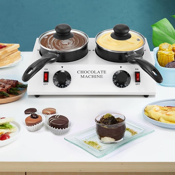 WICHEMI Chocolate Melting Pot Chocolate Warmer Chocolate Melter Chocolate Tempering Machine Pot for Home, Commercial Electric Melting for Chocolate, Butter, Cheese, Cream, Candy, Milk (Double Pots)