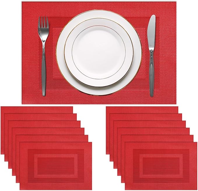 PIGCHCY Vinyl Placemats Set of 12 Washable Durable Kitchen Easy to Clean Plastic Placemats for Dining Table (Passionate Red)