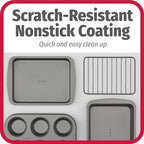 GoodCook 4-Piece Nonstick Steel Toaster Oven Set with Sheet Pan, Rack, Cake Pan, and Muffin Pan, Gray, 4-Piece Set Distributes Heat Evenly, Nonstick Coating, Dishwasher-Safe