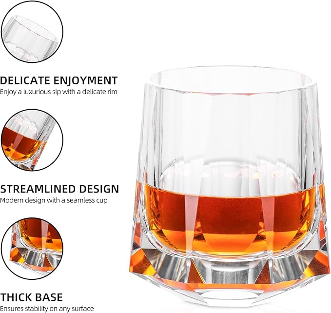 KAMMAK Crystal Old Fashioned Glass Set of 2, 8.79 oz (260ml) Hand Blown Whiskey Glasses, Tumbler with Delicate Rim & Weighted Base, Lead-Free Barware for Scotch, Bourbon, Cocktail