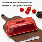 Ceramic Butter Dish With Lid for Countertop, Covered Butter Container, Large Butter Holder With Lid, Butter Tray With Handle Red