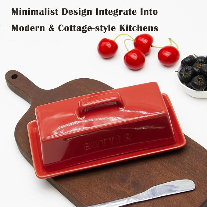 Ceramic Butter Dish With Lid for Countertop, Covered Butter Container, Large Butter Holder With Lid, Butter Tray With Handle Red