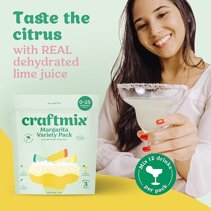 Craftmix Margarita Variety Pack, Makes 24 Drinks, Skinny Cocktail Mixers, Instant Mix Mocktail Kit, Real Fruit, Vegan Low Carb Non-GMO, Dairy Free, Gluten Free, Easy to Mix