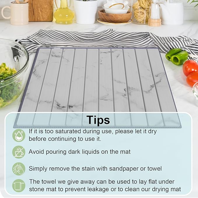 Stone Dish Drying Mat for Kitchen Counter,24"(L)×16"(W) Collapsible Fast-Drying Diatomaceous Earth Mats with Towel Sanding Tool,Versatile Stone Drying Mats for Cups Dishes Bottles