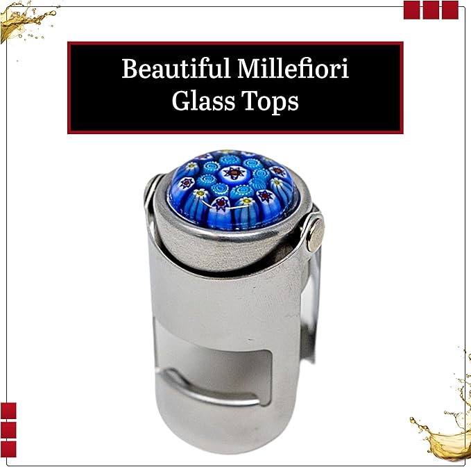 Millefiori Glass Champagne Stopper – With an Airtight Seal Protects Sparkling Wine, Prosecco, and Cava CO2 & Taste – Hanging Box for Champagne Gifts by Evan James Designs, Blue