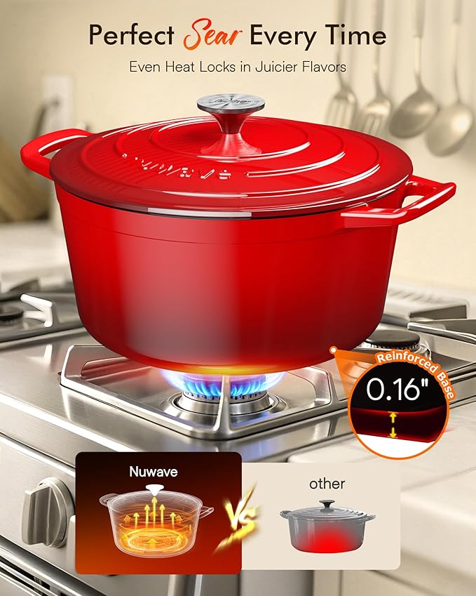 Nuwave 6QT Healthy Enameled Cast Iron Dutch Oven Pot with Lid, Heavy Duty 7-Layer Enamel, Enhanced Rust Protection, Dual Handles, Oven Safe to 500°F for Sourdough Bread Baking, Braise, Stew, Roast