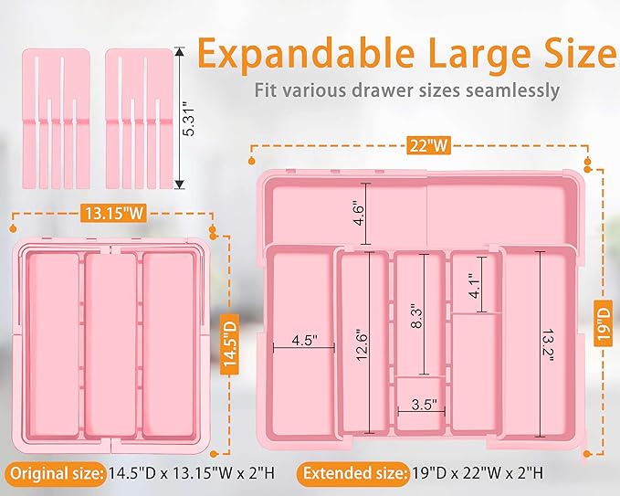 Utensil Drawer Organizer for Kitchen, Expandable Silverware Organizer Cooking Utensils Tray, Large Cutlery and Flatware Holder, Kitchen Tools & Gadgets Storage (Pink)