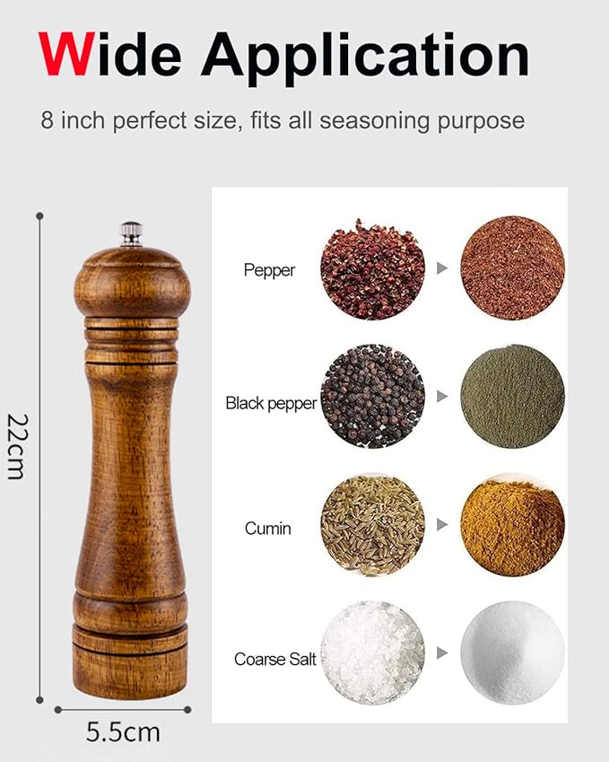 Pepper Grinder Salt Grinder Wooden Pepper Mill Grinder w/Adjustable Coarse, 8 inch Tall Wood Refillable Manual Pepper Grinder Mill Peppermill for Black Peppercorn