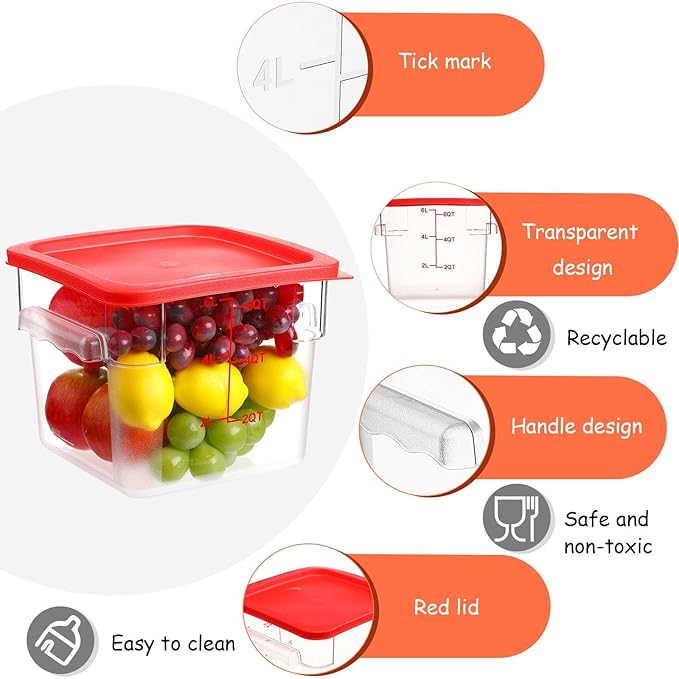 Hsei 6 Sets 6 Quart Commercial Food Storage Containers with Lids and 6 Pcs Plastic Ice Scoop for Freezer Flour Sugar Baking Bread Dog Food Restaurant Kitchen Square(Red)