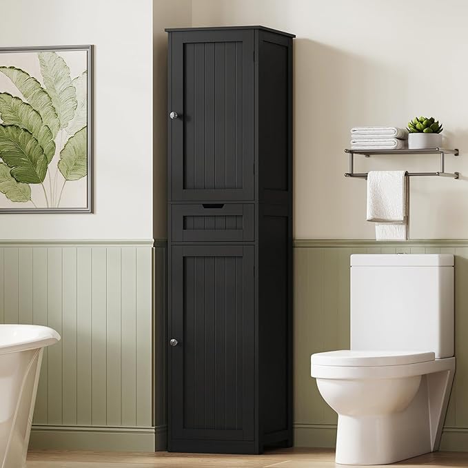 67" H Tall Storage Cabinet with 2 Doors and 1 Drawer, Narrow Black Cabinet with Adjustable Shelves, for Bathroom, Living Room, Entryway, Kitchen, Black