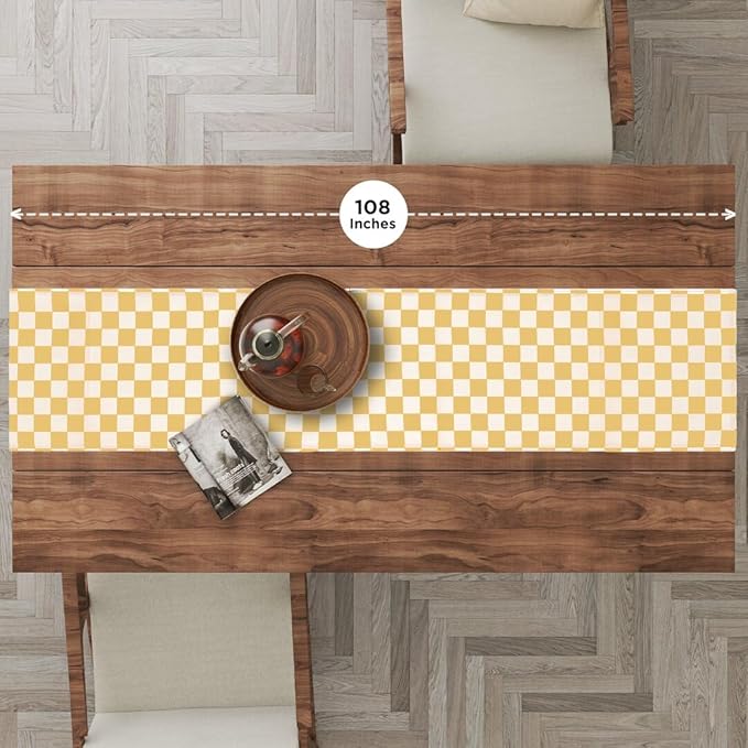 Folkulture Table Runner | Table Runners 72 inches Long | Checkered Table Runner for Farmhouse Decor or Boho Decor | Yellow Table Runners for Dining Room Table Decor | Table Decorations for Party