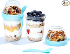 Felli On the Go Yogurt Parfait Snack Cup 12 oz Reusable Leak Proof + Travel Spoon, Topping Holder for Fruit Cereal Milk, To Go Lunch Healthy Portion Control Overnight Oats Container Clear (2, Blue)