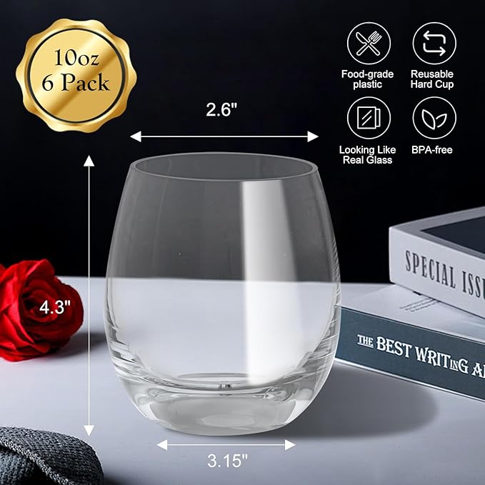 10oz Premium Plastic Wine Glasses Set of 6 Unbreakable Outdoor Wedding Cups Yacht Party Tumblers Stemless Reusable Cups for Red White Wine High-End Events