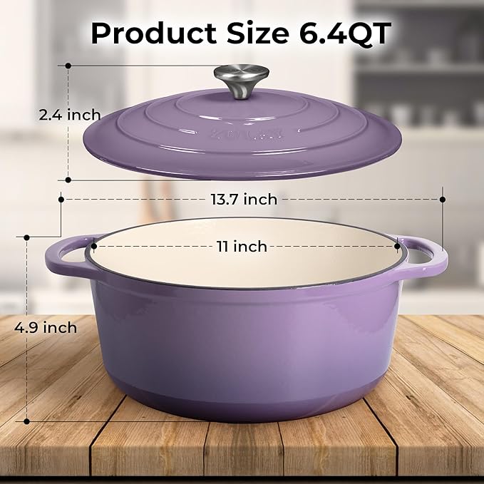 Zulay Kitchen 6 Quart Enameled Cast Iron Dutch Oven Pot with Lid – Premium Durability & Oven Safe up to 500°F – Heavy Duty Cookware Perfect for Bread Baking, Stews, Braising & Roasting – Lavender Jade