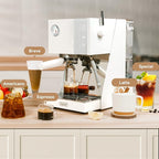 Gevi Espresso Machine with OPV, 20Bar Espresso Maker with Milk Frother Steam Wand, Dual Display, 58mm Portafilter, Stainless Steel Espresso Machines for Espresso/Latte/Cappuccino, White