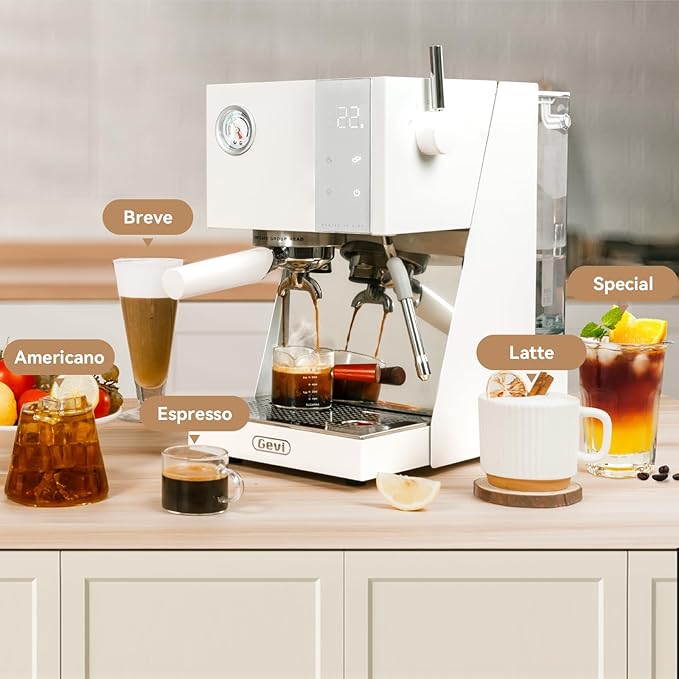 Gevi Espresso Machine with OPV, 20Bar Espresso Maker with Milk Frother Steam Wand, Dual Display, 58mm Portafilter, Stainless Steel Espresso Machines for Espresso/Latte/Cappuccino, White