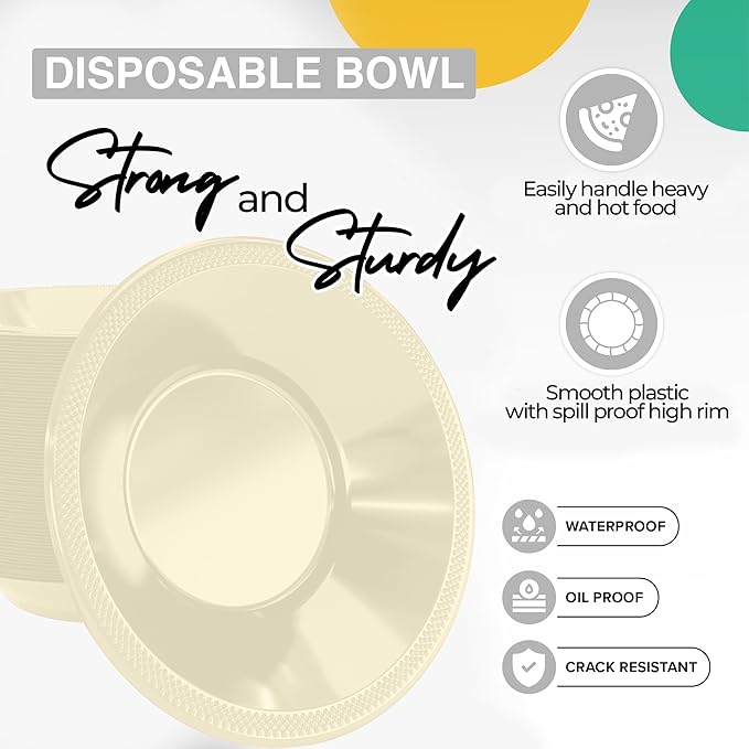 Party Solids 12 Oz Ivory Plastic Bowls Disposable Bowls for Hot Food Soup 50 Pcs - For Soup, Salad, Cereal, Desserts & Party Supplies