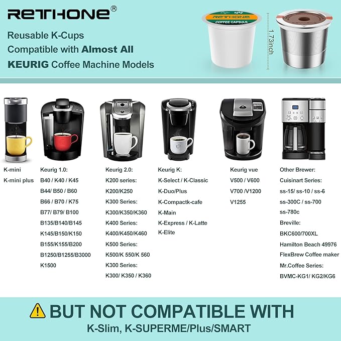 RETHONE K Cup Reusable Coffee Pods, Stainless Steel Reusable K Cups Compatible with Keurig 1.0 & 2.0 Coffee Machines Brewers Refillable K Cups (1 Pack)