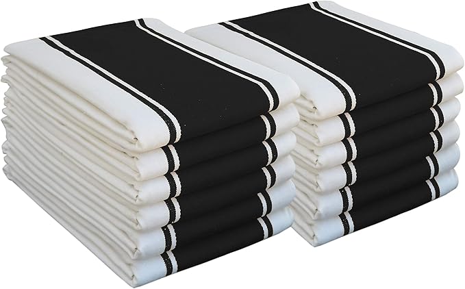 Native Fab Black Kitchen Towels 18x28 Inch, 12 Pack, Wide Stripe, Highly Absorbent, Quick Dry, Durable, Cotton Dish Towels for Wiping Hands, Drying Dishes, Counter Cleaning Dishcloth Set - Black