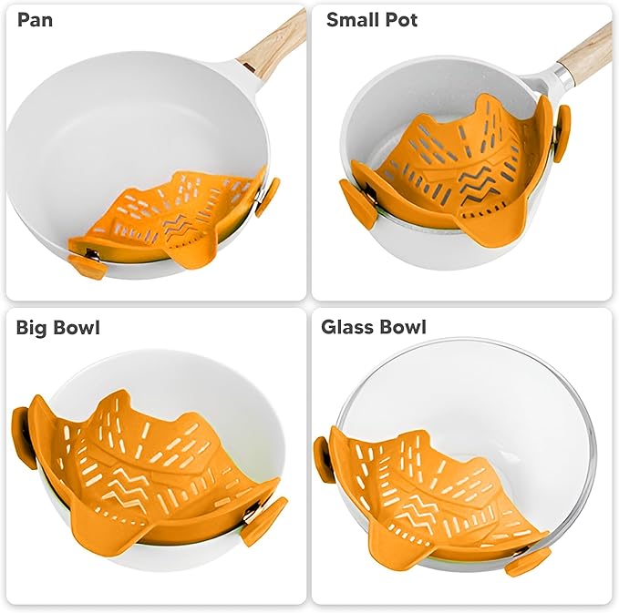 Clip On Strainer, Pot Strainer for Pasta, Vegetables, Fruit and Meat- Kitchen Silicone Strainer Colander for All Pots, Pans and Bowls (Orange)