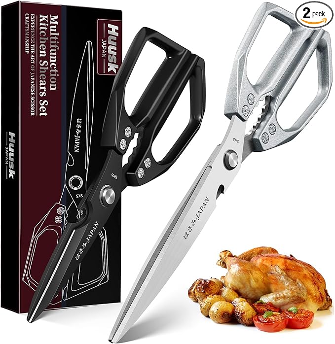 HUUSK Kitchen Scissors Set Upgraded - Stainless Steel Kitchen Shears, Sharp Meat Scissors, Heavy Duty Poultry Shear, Japanese Cooking Scissor for Food, Chicken Bones, and Turkey - Dishwasher Safe