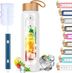 Aqulea Glass Water Bottles 25 Oz with Silicone Sleeve - BPA Free Reusable Wide Mouth Glass Motivational Water Bottles with Fruit Infuser – Leak Proof Borosilicate Water Bottle with Time Marker (White)