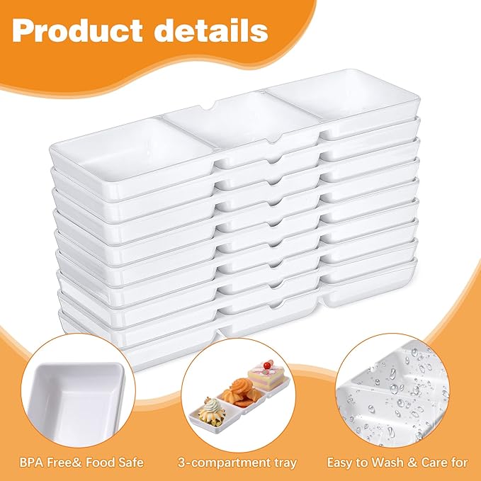 12 Pcs Small White Plastic Appetizer Serving Tray 3 Compartment Serving Dishes Reusable Stackable Sectional Platter Rectangular Divided Split Dish for Restaurant Kitchen Food Candy
