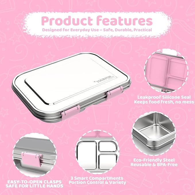 Stainless Steel Lunch Box 1000ml - 3 Compartment Bento Box for Kids & Adults, Leakproof Food Container, BPA-Free Metal Lunch Box with Silicone Seal, Eco-Friendly/Dishwasher Safe (Pink)