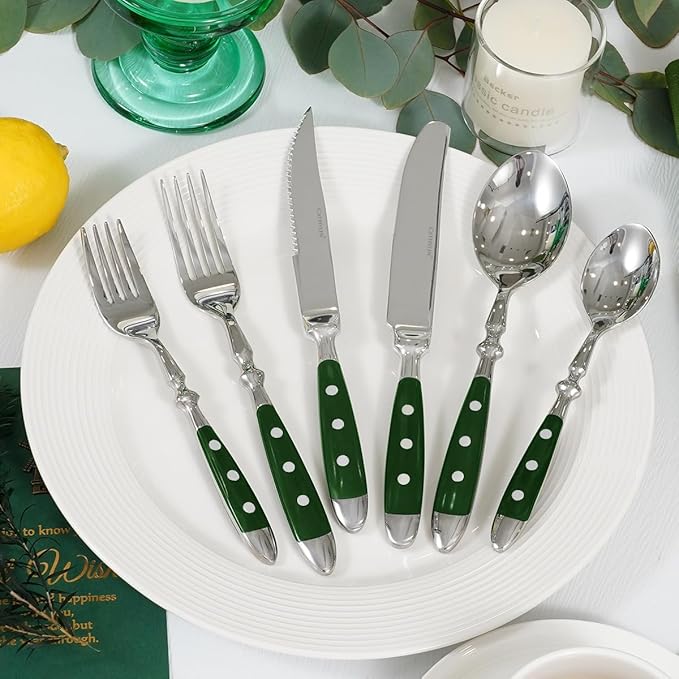 24-Piece 18/0 Stainless Steel Silverware set,Vintage Flatware set with Bakelite Handle,service for 4,Cutlery set (Green)