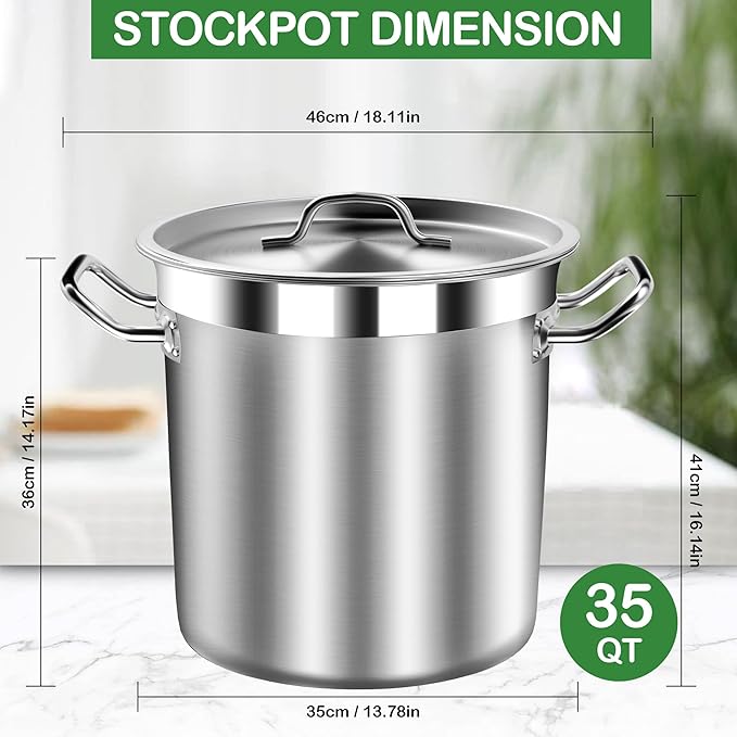 Commercial Grade Large Stock Pot - Soup Pot with Lid - Non-Nickel Stainless Steel - Healthy Cookware Polished Stockpots - Heavy Duty - 35 Quart (8.8Gallon)