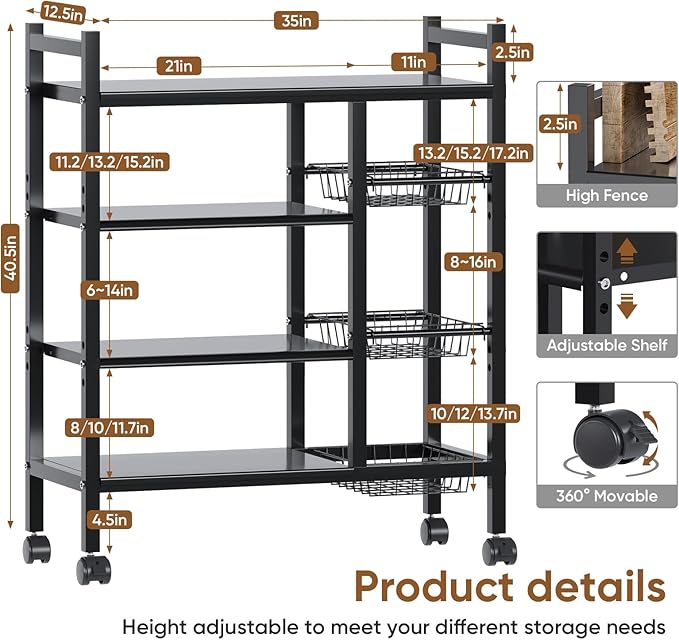 Kitchen Storage Bakers Rack with Wheels - Adjustable 4-Tier Microwave Stand with Storage Shelves, Kitchen Rack with 3 Wire Baskets,Microwave Stand, Metal Kitchen Cart for Pantry, (Black)