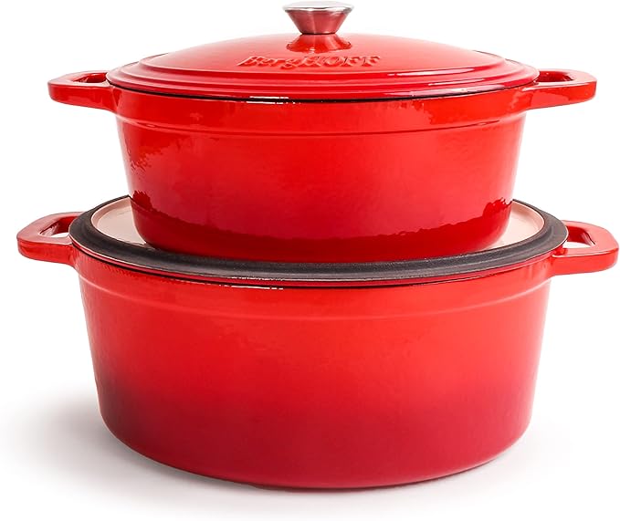 BergHOFF 9Pc Neo Cast Iron Cookware Set, Silicone Heat Spatulas, Matching Lid,Oven Safe Up To 400°F, Red