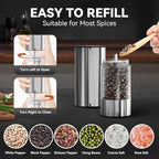 Electric Salt and Pepper Grinder Set Rechargeable, Yumcian Automatic Shakers Set with Adjustable Coarseness and LED Light, Stainless Steel Mill Set, Upgraded Larger Capacity