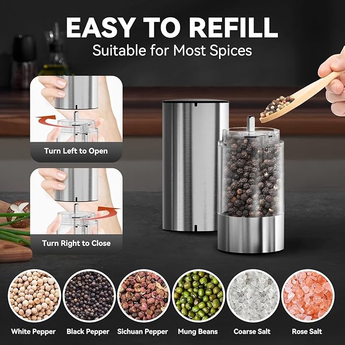 Electric Salt and Pepper Grinder Set Rechargeable, Yumcian Automatic Shakers Set with Adjustable Coarseness and LED Light, Stainless Steel Mill Set, Upgraded Larger Capacity