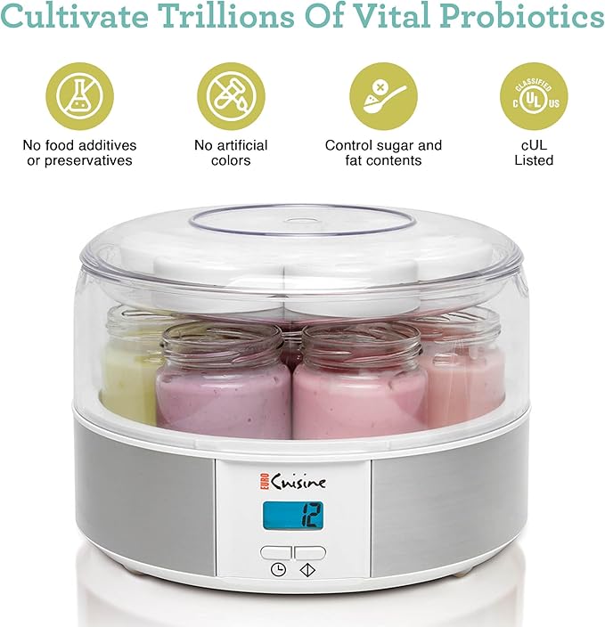 Euro Cuisine Yogurt Maker - YMX650 Automatic Digital Yogurt Maker Machine with Set Temperature - Includes 7-6 oz. Reusable Glass Jars and 7 Rotary Date Setting Lids for Instant Storage