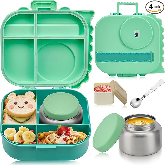 Bento Lunch Box with Thermo, 4-Compartment Bento Box with Adjustable Dividers, Leakproof Dinosaur Lunch Box with 14.2OZ Insulated Food Jar & Sauce Jar, for School Office Travel(Green)