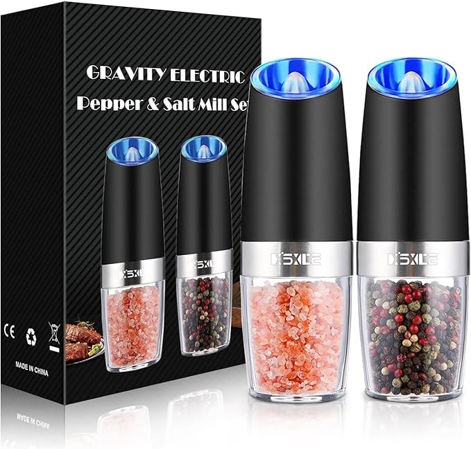 Gravity Electric Pepper and Salt Grinder Set, Adjustable Coarseness, Battery Powered with LED Light, One Hand Automatic Operation, 2 Pack -Black