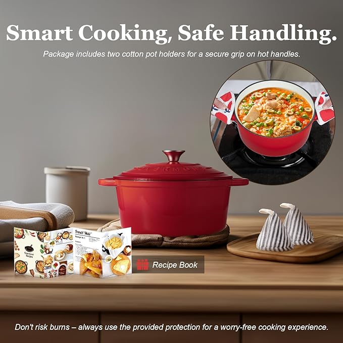 Overmont Enameled Cast Iron Dutch Oven - 4.5QT Pot with Lid Cookbook & Cotton Potholders - Heavy-Duty Cookware for Braising, Stews, Roasting, Bread Baking red