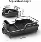 Dish Drying Rack, Expandable Dish Rack for Kitchen Counter, Stainless Steel Dish Drainer with Drainboard Set and Utensil Holder (Black)