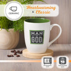 Christian Art Gifts Inspirational Ceramic Coffee & Tea Scripture Mug for Men: Man of God Encouraging Bible Verse, Durable Microwave & Dishwasher Safe Novelty Drinkware, White & Forest Green, 12 oz.